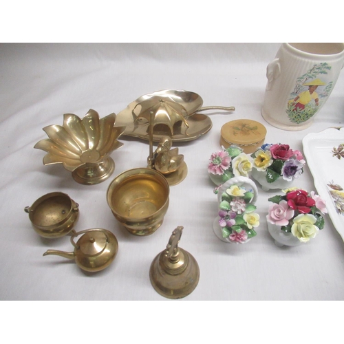 443 - Four ceramic posy flowers and pots, collection of brass ware, three serving dishes etc