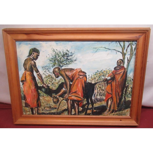 559 - African school (contemporary) three figures with a cow in a landscape, oils on board, indistinctly s... 