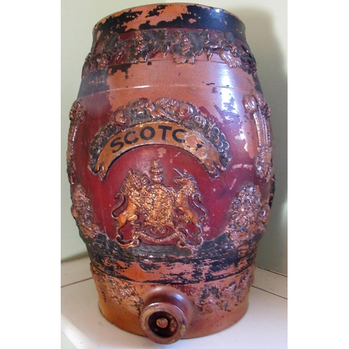 564 - Victorian salt glazed stoneware spirit barrel, relief decorated with a hop bands, Royal crest, lion ... 