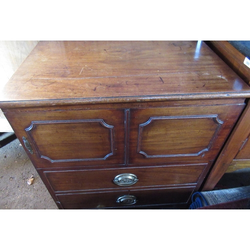 572 - Small early C19th commode converted to a cupboard, with faux panelled door and drawer front on brack... 