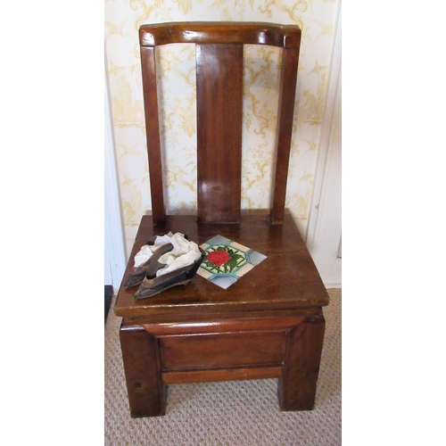 574 - Chinese wooden foot binding chair, raise back with solid splat and seat, later inset with a Victoria... 