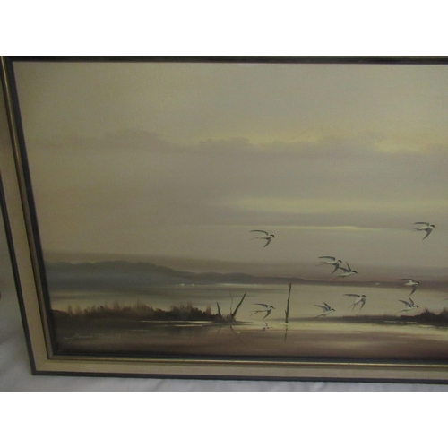 576 - Howard Devonald (Br. 1944 - ), 'Terns flighting under an evening sky', oil on canvas, 49cm x 100cm