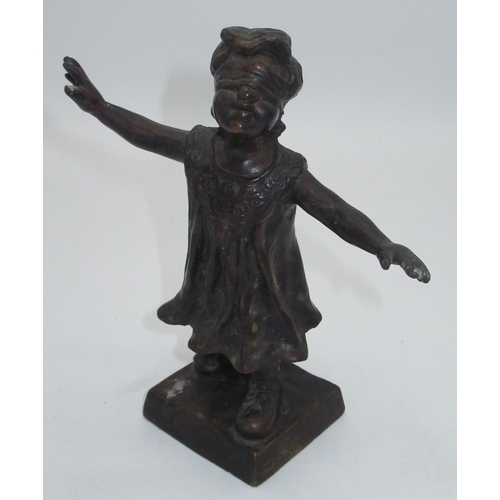 577 - C20th bronze figure of a blindfolded girl, indistinctly signed, H19cm