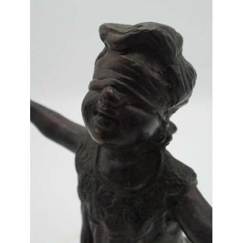 577 - C20th bronze figure of a blindfolded girl, indistinctly signed, H19cm