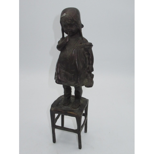 578 - C20th bronze figure in the style of Juan Clara of young girl standing on stool, H30cm