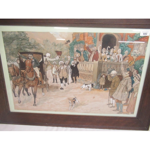 453 - Early C20th pen and ink caricature sketch of carriage driving past a crowded manor house, signed W. ... 