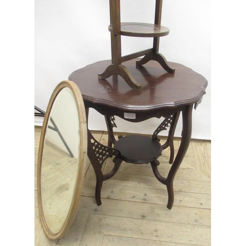 455 - 1930's oak three tier folding cake stand, Edwardian two tier window table with shaped circular top o... 