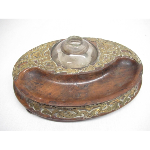 511 - Victorian walnut pen stand with recessed well, single ink well with applied scroll and engraved bras... 