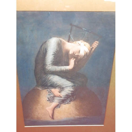 478 - Shipwrecked girl with harp on rock, colour print, in gilt wood and gesso frame, 49cm x 36cm