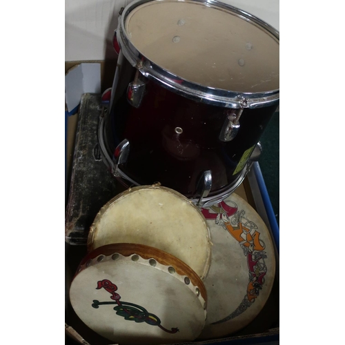 589 - Beverley rack tom, other Celtic style drums, a Hans Hager flute, and a miniature tambourine