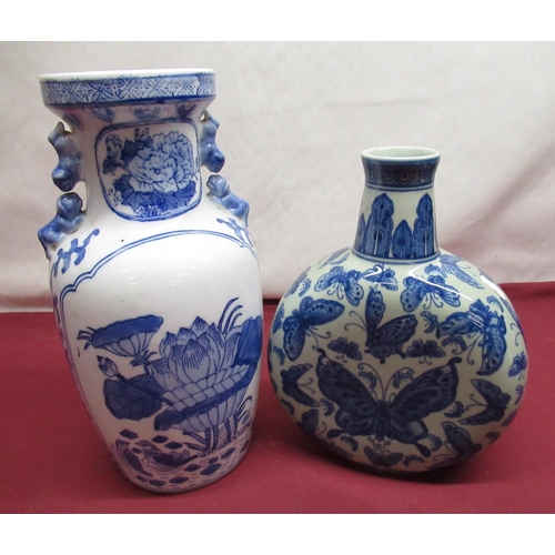 487 - Chinese vase, blue and white decorated with stylized foliage, H32cm, and a similar moon flask shaped... 