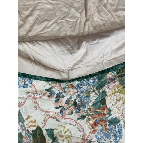 1431 - David Hall Collection - Pair of curtains with green, peach and blue floral pattern on a cream ground... 