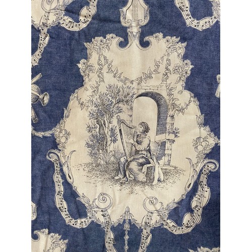 1437 - David Hall Collection - Pair of curtains with blue Toile de Jouy motifs, musical bars of ribbon on a... 