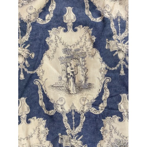 1437 - David Hall Collection - Pair of curtains with blue Toile de Jouy motifs, musical bars of ribbon on a... 