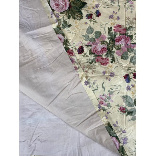 1439 - David Hall Collection - Pair of curtains with pink and green floral sprays on a yellow ground with c... 