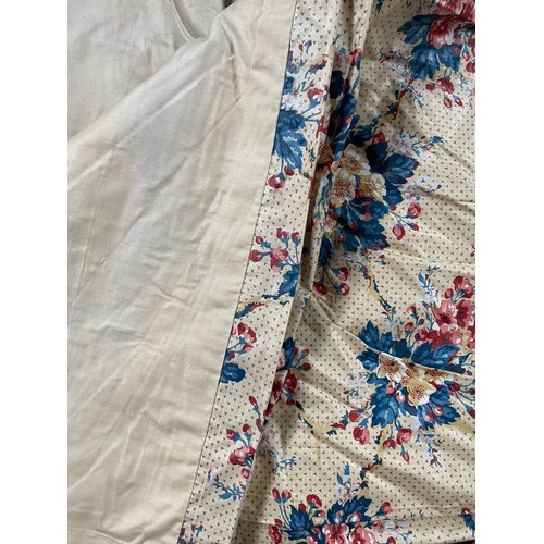 1442 - David Hall Collection - Pair of half length curtains with blue and pink floral sprays on patterned b... 