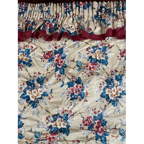 1442 - David Hall Collection - Pair of half length curtains with blue and pink floral sprays on patterned b... 