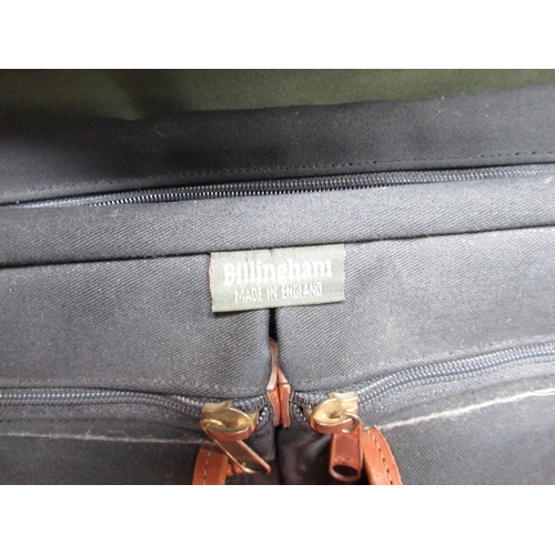 1111 - Large Billingham black canvas and tan leather camera bag with added end pockets, approx L63cm includ... 