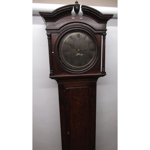 1466 - C19th oak long cased clock, swan necked arched pediment with urn finial, circular silvered Roman dia... 