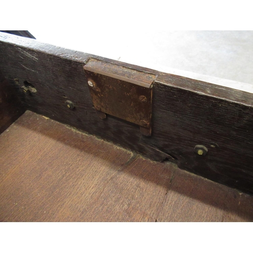 1540 - Late C18th oak dresser, with three frieze drawers with brass swan necked handles above two panelled ... 