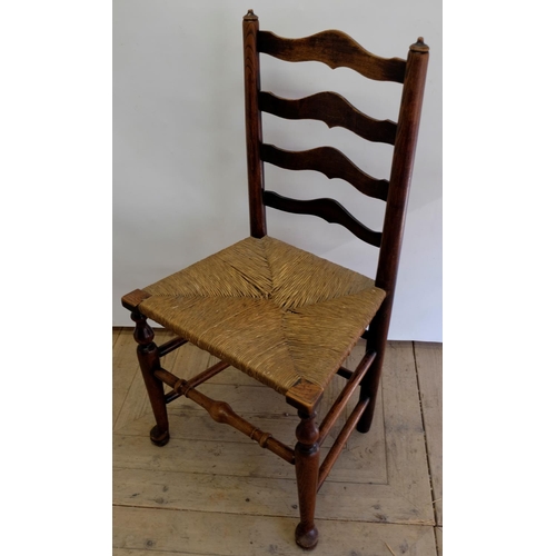 1548 - C19th Country made ash and elm ladder back  dining chair, with rush seats on turned supports with pa... 