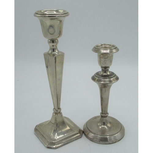 1148 - Geo.V hallmarked Sterling silver candlestick with square tapering column and base by Henry Williamso... 