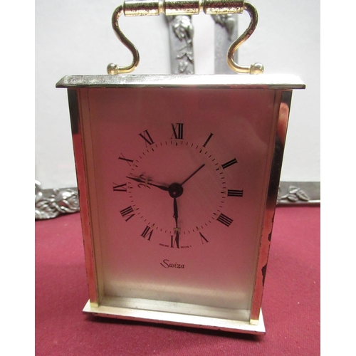 108 - Large Swiza eight day brass cased carriage clock alarm, H14cm including handle, smaller Swiza lacque... 