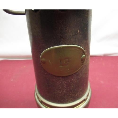 154 - Brass and steel miners safety lamp marked 19, H27cm