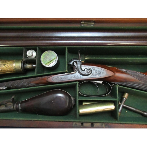 1054 - Cased Thomas Hill of Dunse 14B percussion cap side by side shotgun, with 29.5