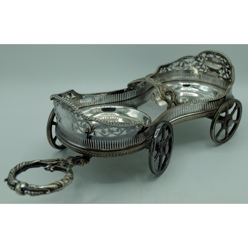 1142 - Victorian electroplated decanter wagon, waisted pierced galleried body with gadrooned edge on four 6... 