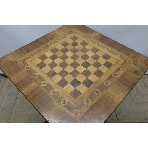 1550 - Late C19th walnut and satinwood Sorrento tripod games table, square chessboard top with canted corne... 