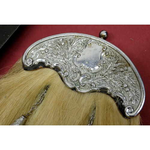 1321 - Beal House Collection - Scottish silver plate, leather and horse hair sporran, repoussé decorated wi... 