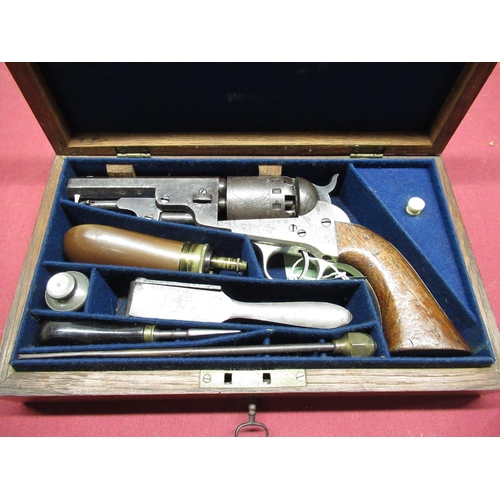 1022 - English cased Manhattan .36 cal 6 shot percussion revolver, straight cylinder engraved with oval pan... 