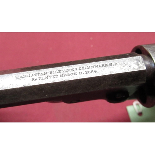 1022 - English cased Manhattan .36 cal 6 shot percussion revolver, straight cylinder engraved with oval pan... 