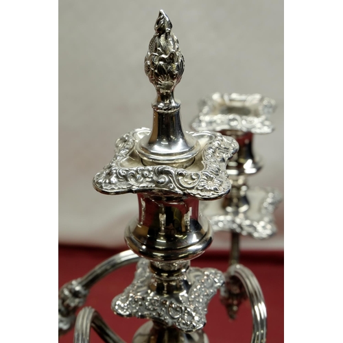 1178 - C20th Rococo style EPNS four light candelabra, three reeded scroll branches with urn sconces, on tap... 