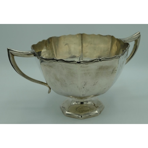 1156 - Edw.VII hallmarked silver two handled pedestal bowl, tapering octagonal body with waved edge and eng... 