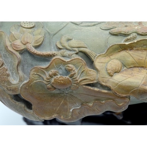 1289 - Chinese dark green and brown Duan stone brush washer in the form of a lily pad, rim carved with fish... 