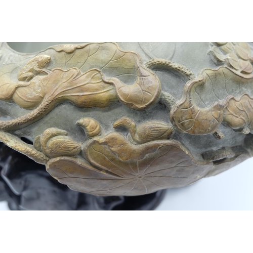 1289 - Chinese dark green and brown Duan stone brush washer in the form of a lily pad, rim carved with fish... 