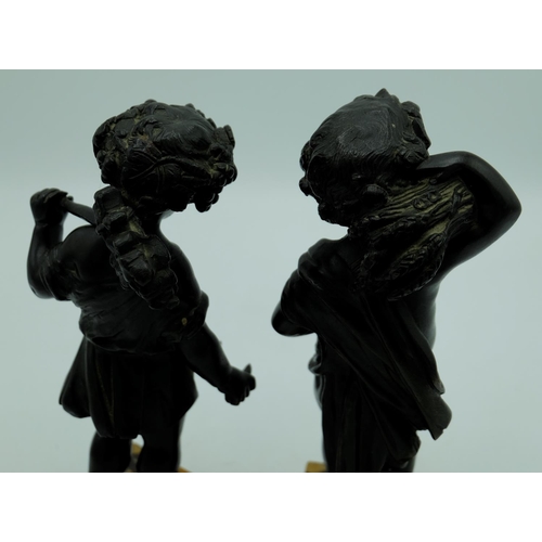 1300 - Pair of C19th bronze models emblematic of Spring and Summer, both with dark brown patination, on pol... 