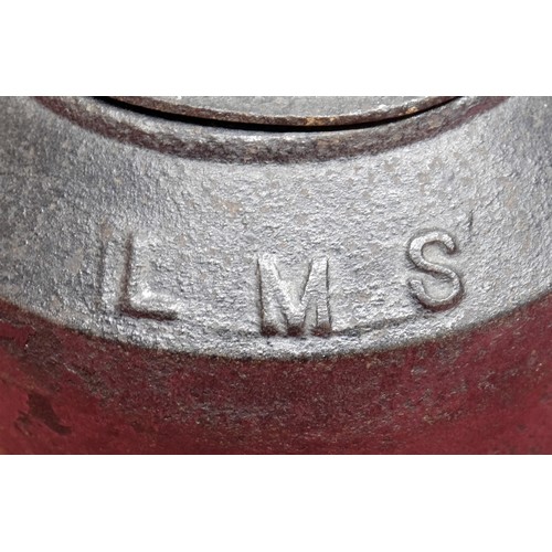 1418 - C20th cast iron Railway kettle, marked L.M.S with loop handle and curved spout, H