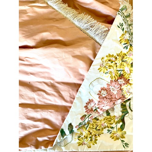 1444 - David Hall Collection - Pair of curtains with yellow, white and pink ribbon tied bouquets on a cream... 