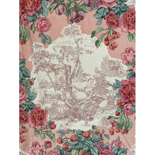 1447 - Beal House Collection - Pair of Sanderson & Sons Ltd curtains with pink Toile de Jouy motifs with ro... 