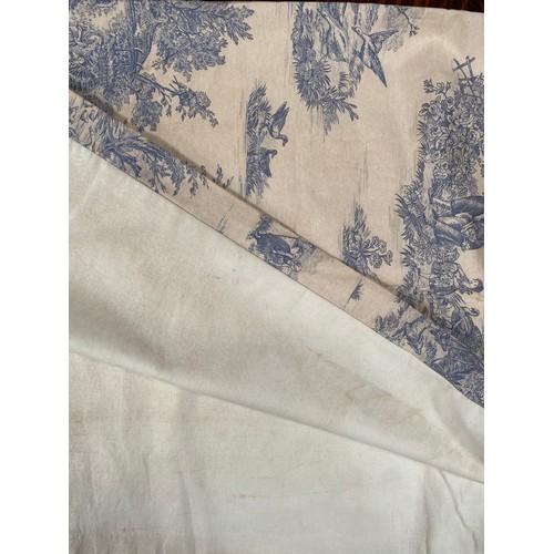 1448 - Beal House Collection - Pair of curtains with blue Toile de Jouy all over pattern on cream ground wi... 