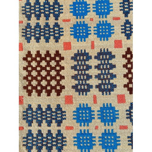 1454 - Hessian Middle Eastern throw with geometric  blue, burgundy, orange and turquoise repeating pattern ... 