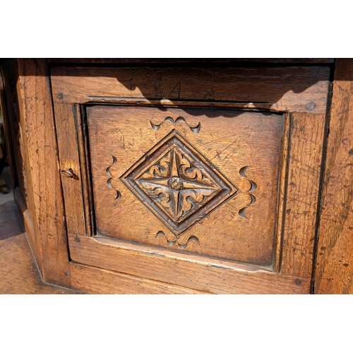 1558 - Charles II style oak court cupboard with scroll carved cornice on baluster turned supports, two moul... 