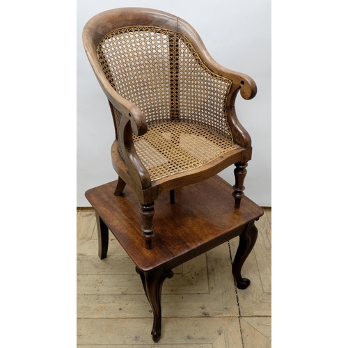 1560 - Early C19th child's correction chair, canework curved back with scrolled arms and serpentine seat, o... 