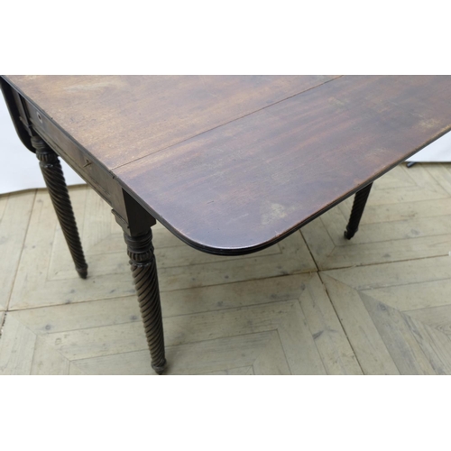 1561 - Regency mahogany Pembroke table, rounded rectangular reeded top with two fall leaves, one real and o... 