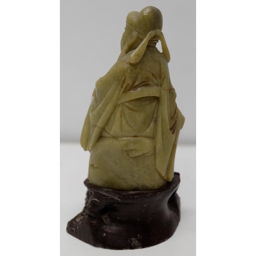 1296 - C20th green hardstone carved model of immortal, on similar base, H15cm