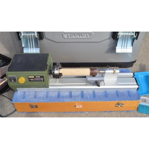 107 - Stanley workbox containing Proxxon DB250 miniature wood turning lathe, including instructions and or... 