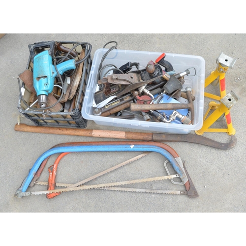 120 - Collection of tools, handheld drills, wood planes, large bow saws, axel stands, etc